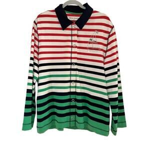 ALFRED DUNNER Red Green Blue White Striped Snap Close Sweater Size 16